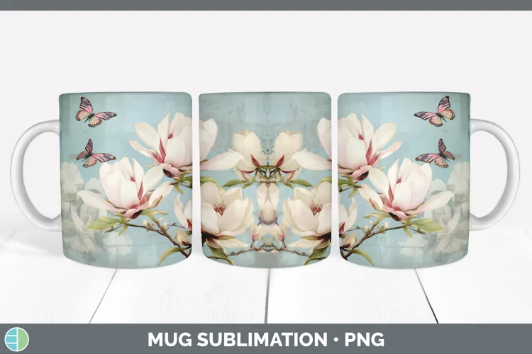 Vintage Magnolia Flowers Mug Wrap | Sublimation Coffee Cup D