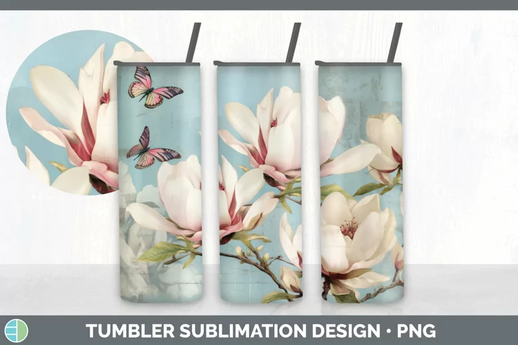 Vintage Magnolia Flowers Tumbler | Sublimation 20 oz Skinny