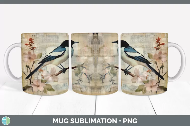 Vintage Magpie Bird Mug Wrap | Sublimation Coffee Cup Design