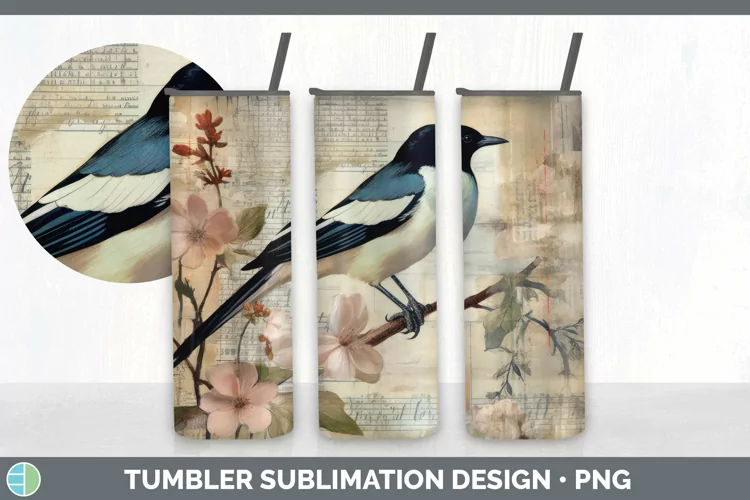 Vintage Magpie Bird Tumbler | Sublimation 20 oz Skinny Tumbl