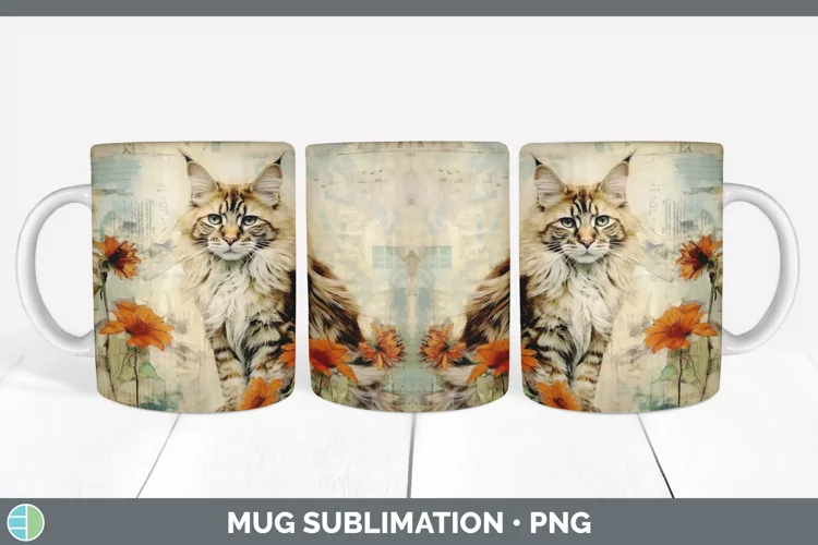 Vintage Maine Coon Cat Mug Wrap | Sublimation Coffee Cup Des