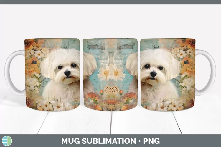 Vintage Maltese Dog Mug Wrap | Sublimation Coffee Cup Design