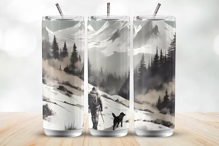Man Hiking with a Dog, Vintage Background 20 Oz Tumbler Wrap