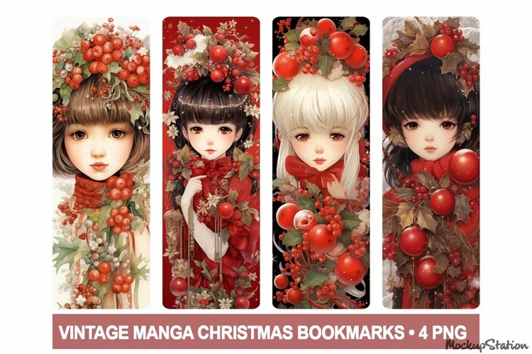 Vintage Manga Christmas Bookmarks PNG Printable | Winter