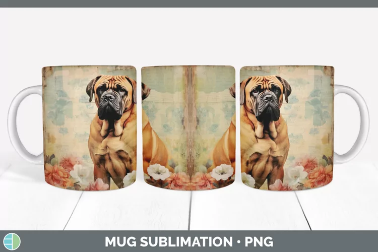 Vintage Mastiff Dog Mug Wrap | Sublimation Coffee Cup Design