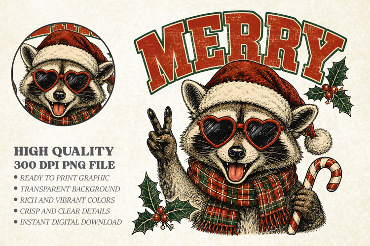 Vintage Merry Christmas Raccoon PNG, Festive Animal Design
