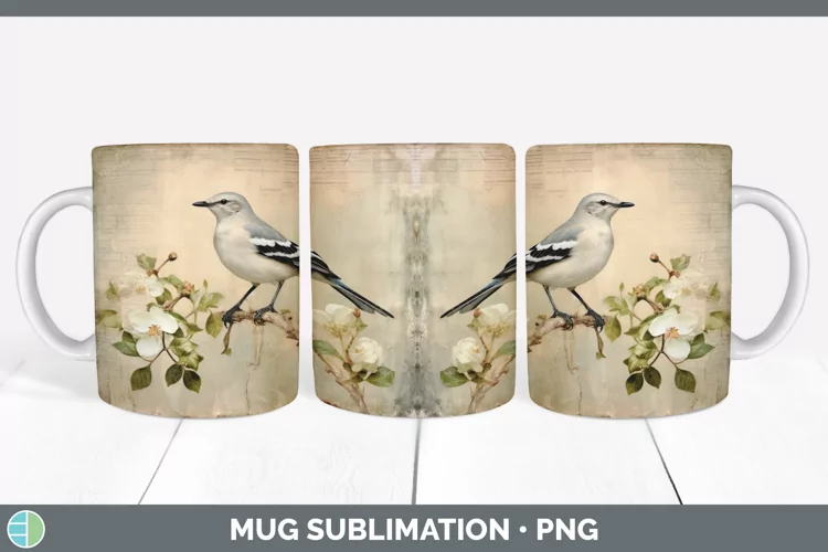 Vintage Mockingbird Bird Mug Wrap | Sublimation Coffee Cup D