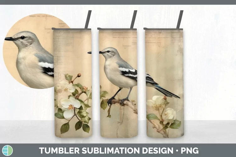 Vintage Mockingbird Bird Tumbler | Sublimation 20 oz Skinny
