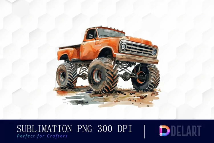 Vintage Monster Truck Watercolor Clipart