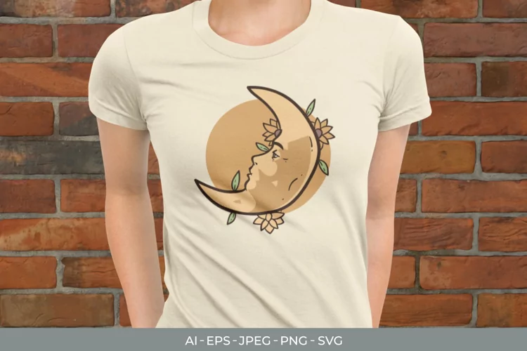 Vintage Moon Face and Flowers SVG
