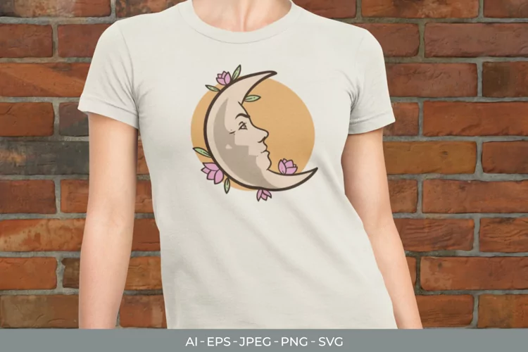 Vintage Moon Face and Flowers SVG