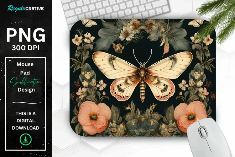 Vintage Moth And Floral Mouse Pad
