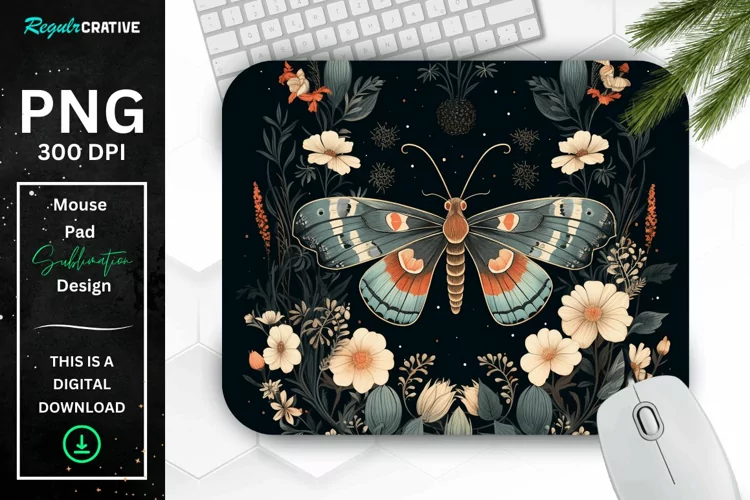 Vintage Moth with Floral at Night Mouse pad PNG