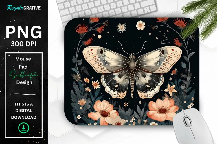 Vintage Moth with Floral at Night Mouse pad PNG