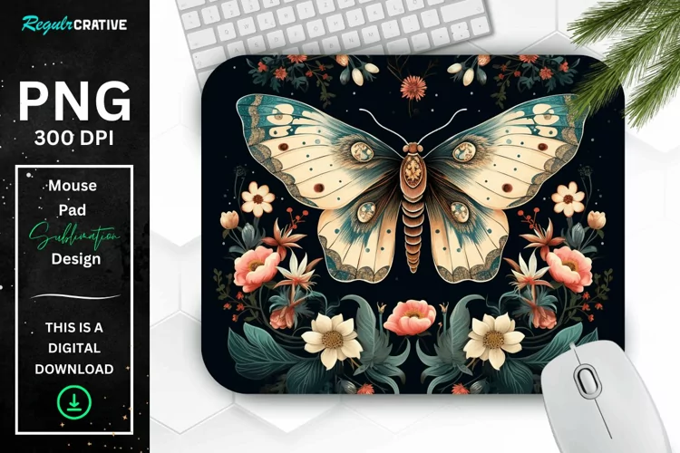 Vintage Moth with Floral at Night Mouse pad PNG