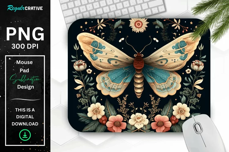 Vintage Moth with Floral at Night Mouse pad PNG