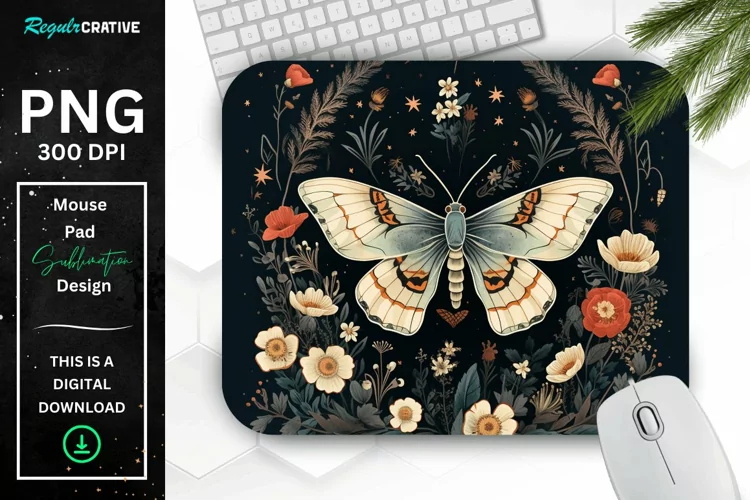 Vintage Moth with Floral at Night Mouse pad PNG