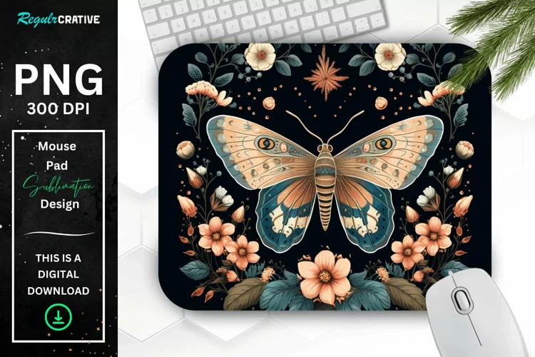 Vintage Moth with Floral at Night Mouse pad PNG