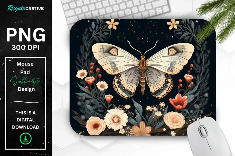 Vintage Moth with Floral at Night Mouse pad PNG