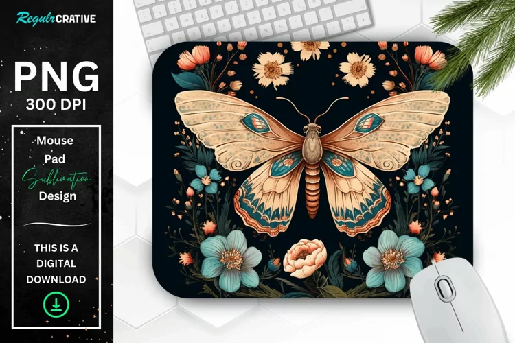 Vintage Moth with Floral at Night Mouse pad PNG