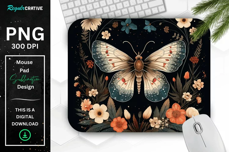 Vintage Moth with Floral at Night Mouse pad PNG