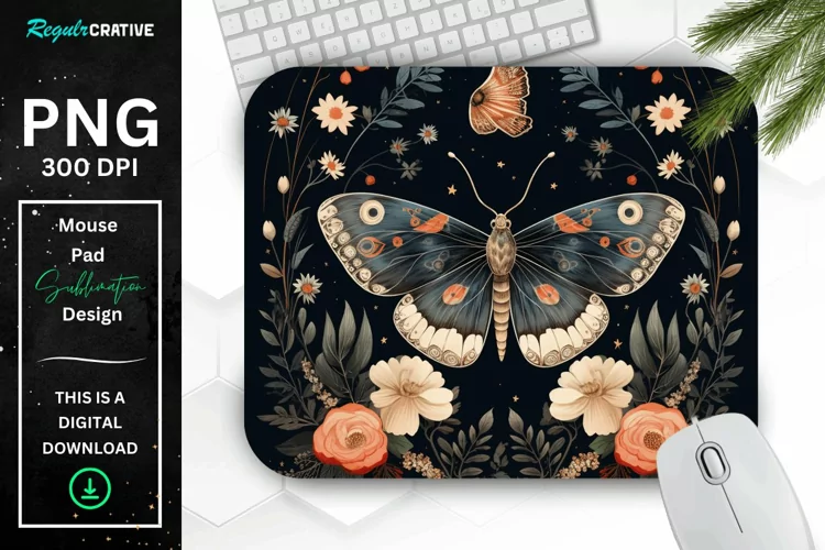 Vintage Moth with Floral at Night Mouse pad PNG