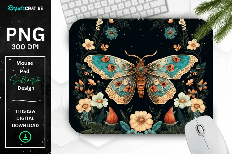 Vintage Moth with Floral at Night Mouse pad PNG