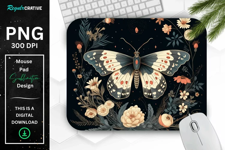 Vintage Moth with Floral at Night Mouse pad PNG