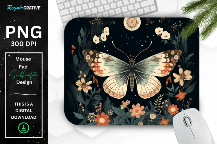 Vintage Moth with Floral at Night Mouse pad PNG