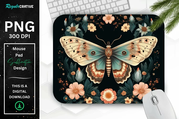 Vintage Moth with Floral at Night Mouse pad PNG