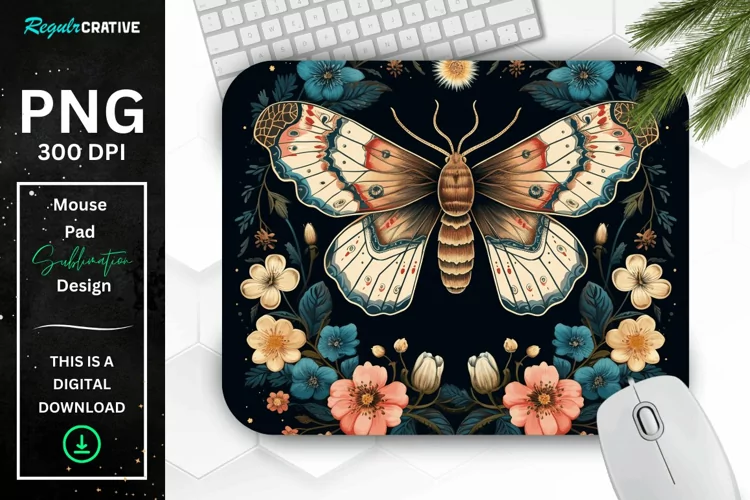 Vintage Moth with Floral at Night Mouse pad PNG