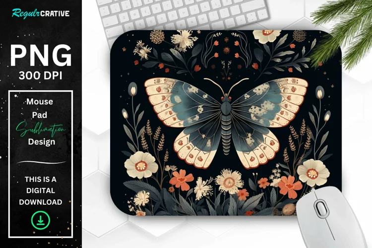 Vintage Moth with Floral at Night Mouse pad PNG