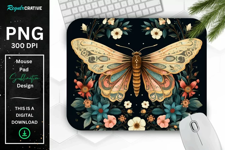 Vintage Moth with Floral at Night Mouse pad PNG