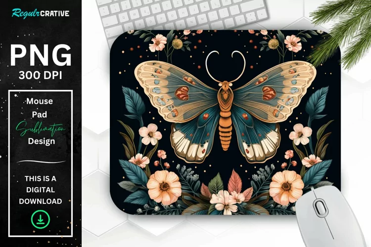 Vintage Moth with Floral at Night Mouse pad PNG