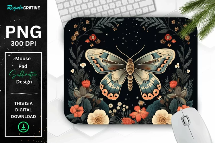 Vintage Moth with Floral at Night Mouse pad PNG