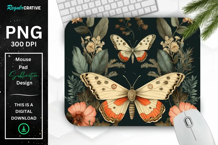 Vintage Moth And Floral Mouse Pad