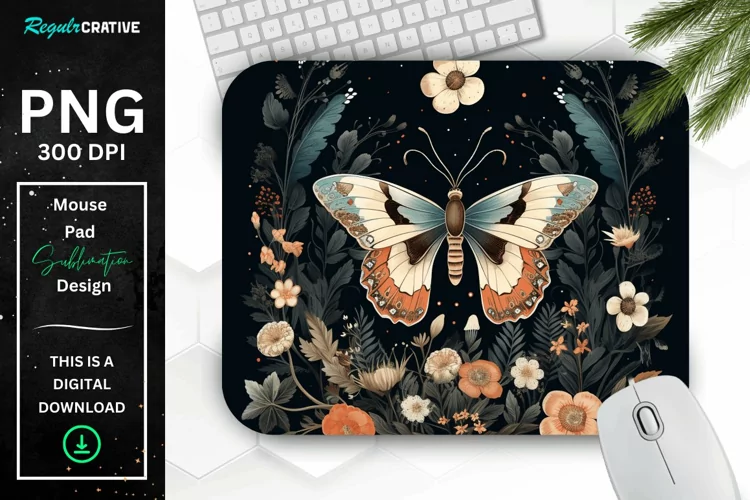 Vintage Moth with Floral at Night Mouse pad PNG