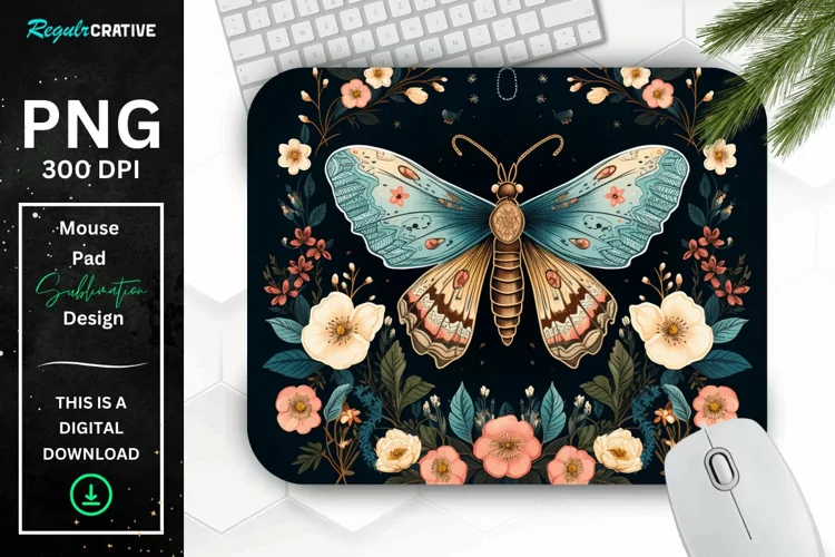 Vintage Moth with Floral at Night Mouse pad PNG