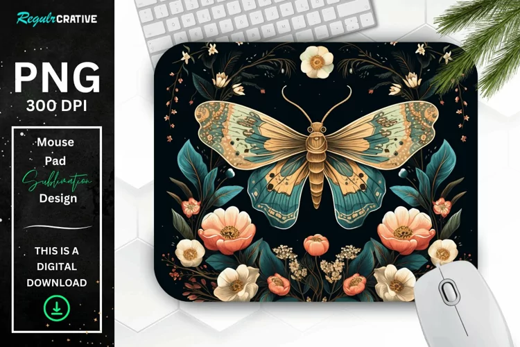 Vintage Moth with Floral at Night Mouse pad PNG