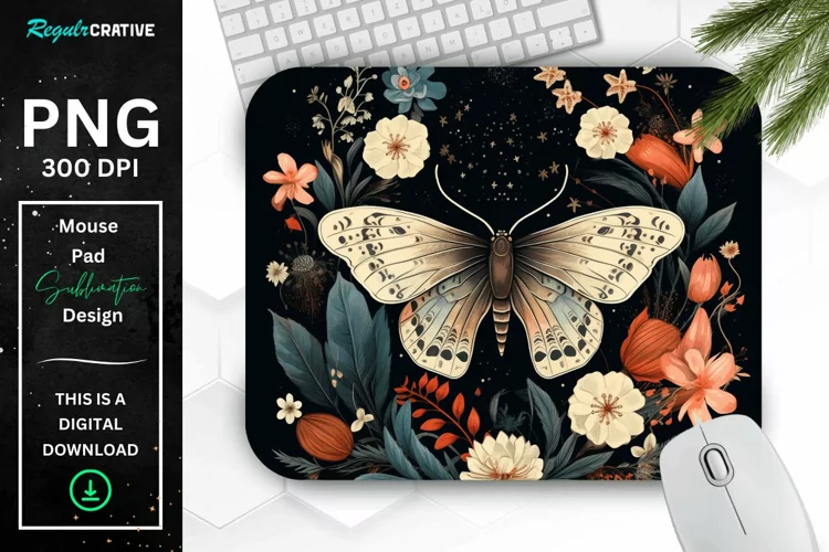 Vintage Moth with Floral at Night Mouse pad PNG
