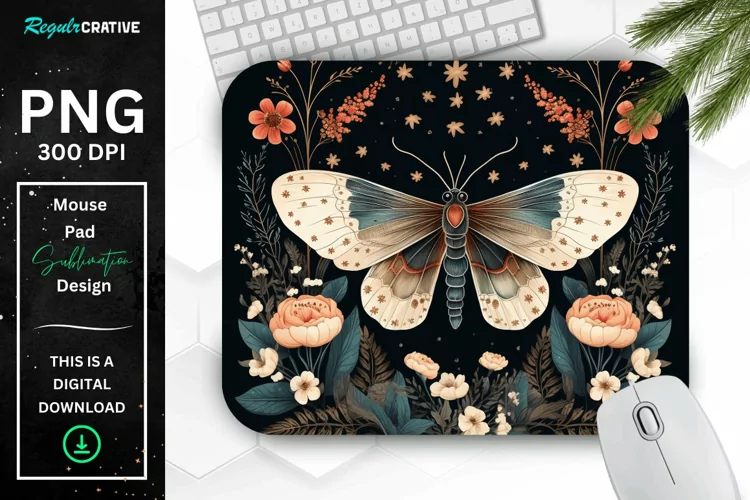 Vintage Moth with Floral at Night Mouse pad PNG