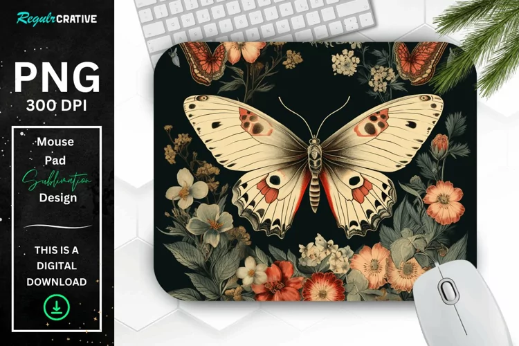 Vintage Moth And Floral Mouse Pad