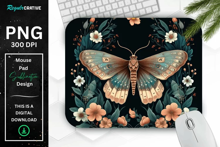 Vintage Moth with Floral at Night Mouse pad PNG