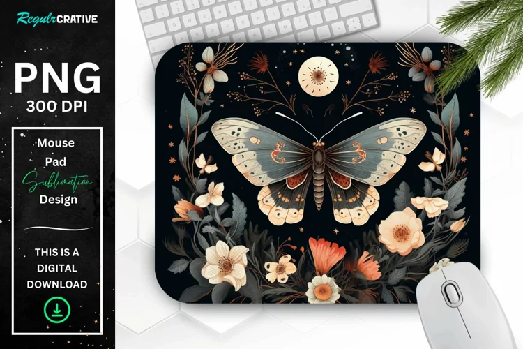 Vintage Moth with Floral at Night Mouse pad PNG