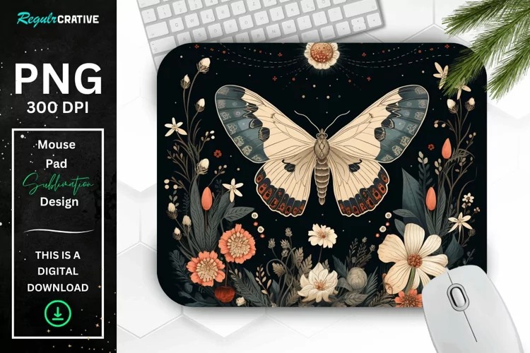Vintage Moth with Floral at Night Mouse pad PNG