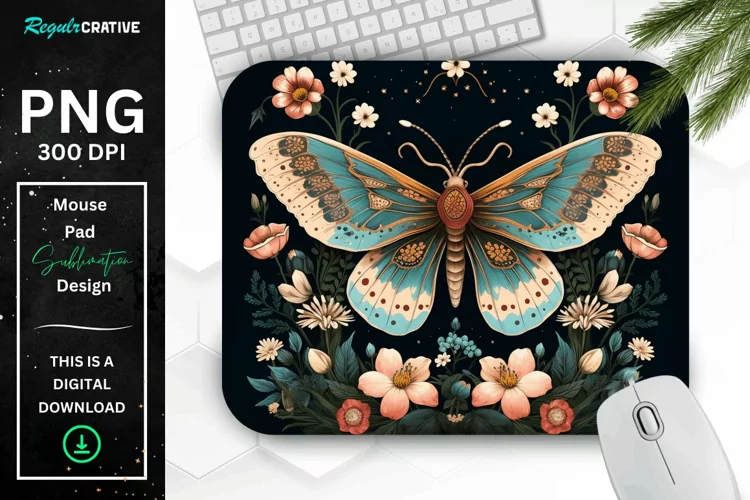 Vintage Moth with Floral at Night Mouse pad PNG