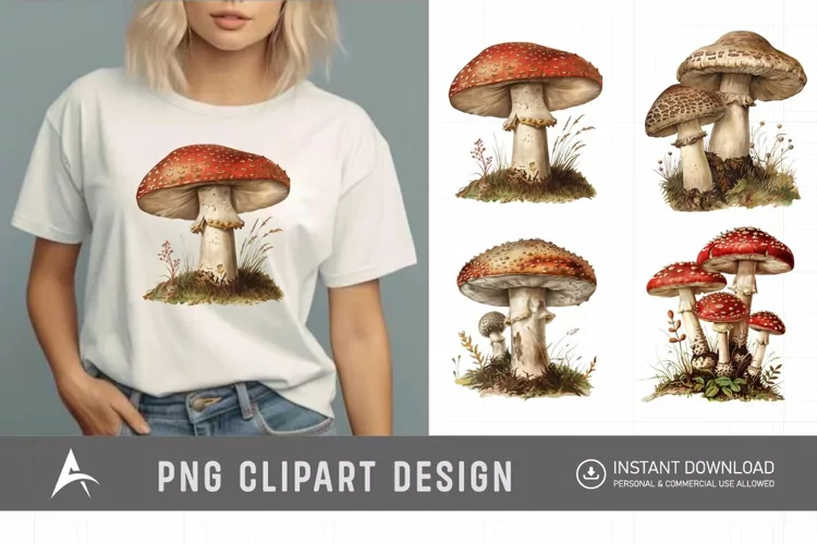Watercolor Vintage Mushroom Sublimation Clipart