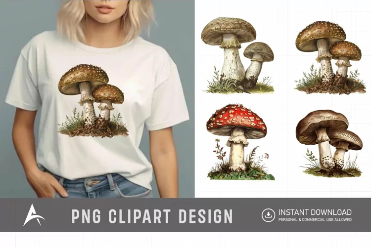 Watercolor Vintage Mushroom Sublimation Clipart