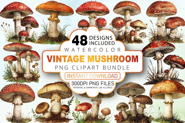 Vintage Mushroom Sublimation Clipart Bundle