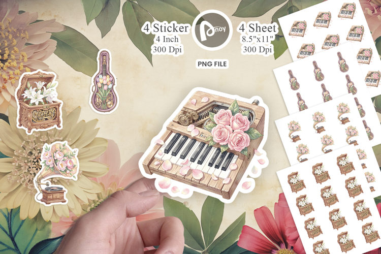 Vintage Music And Floral Sticker